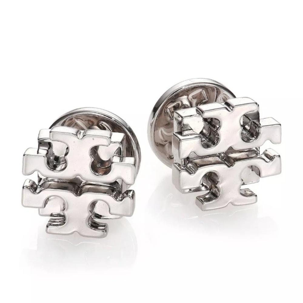 Tory Burch Silver Logo Classic Stud Earrings